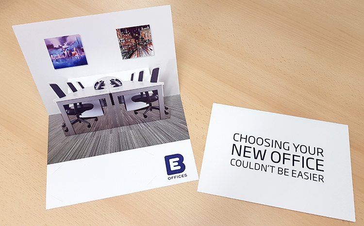 Pop up card direct mail campaign for BE Offices